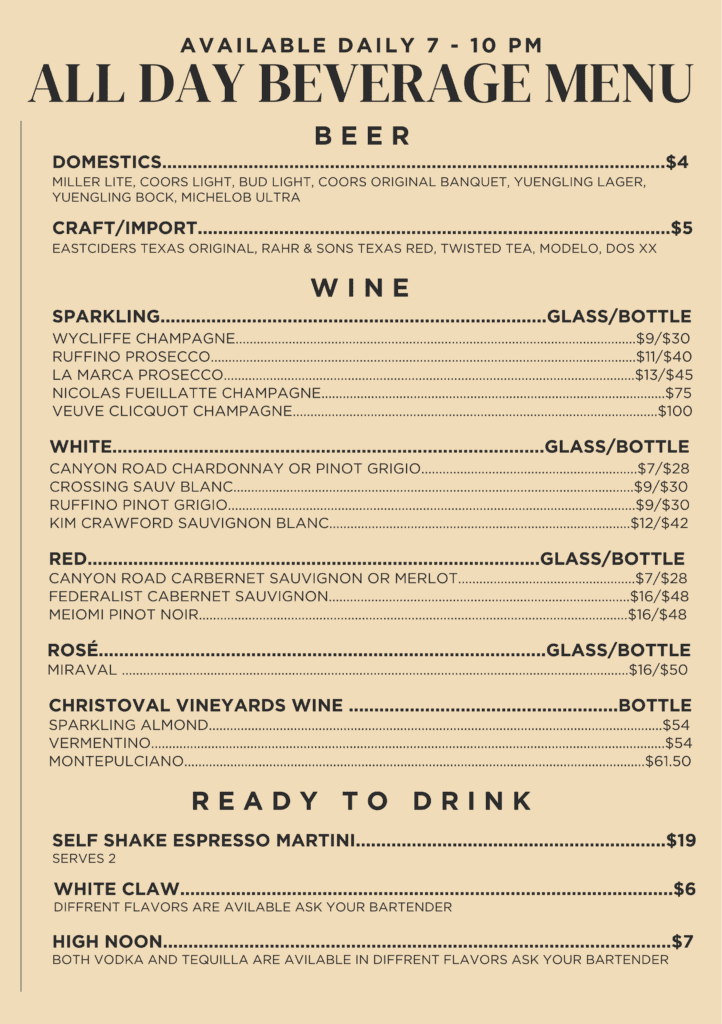 Waterlily Lounge Menu