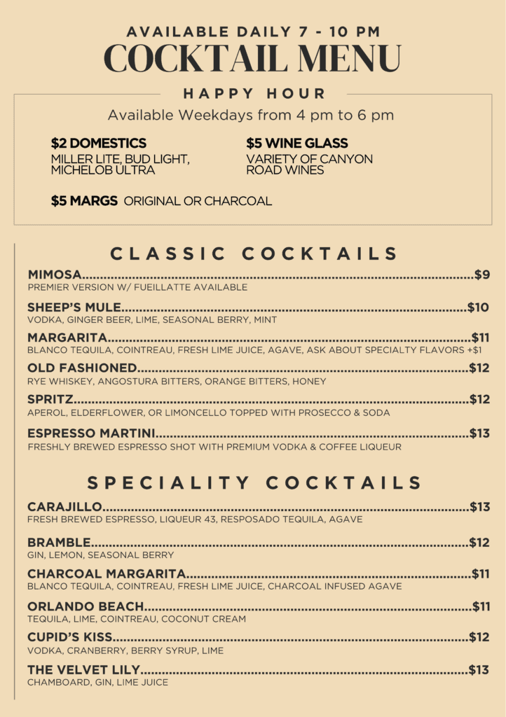 Waterlily Lounge Menu