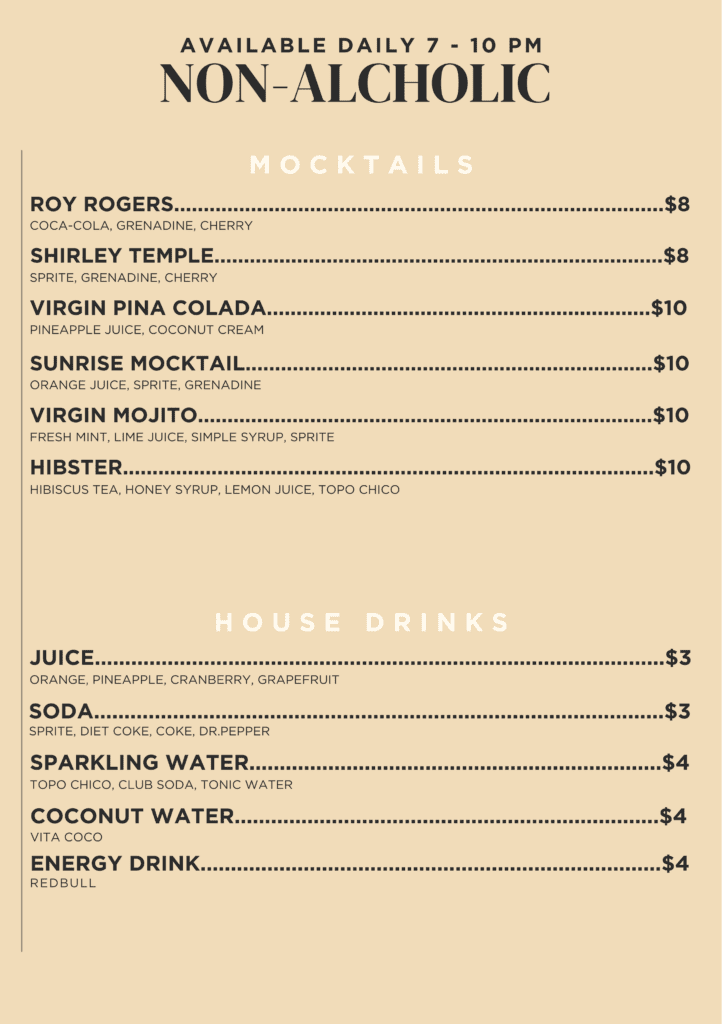 Waterlily Lounge Menu